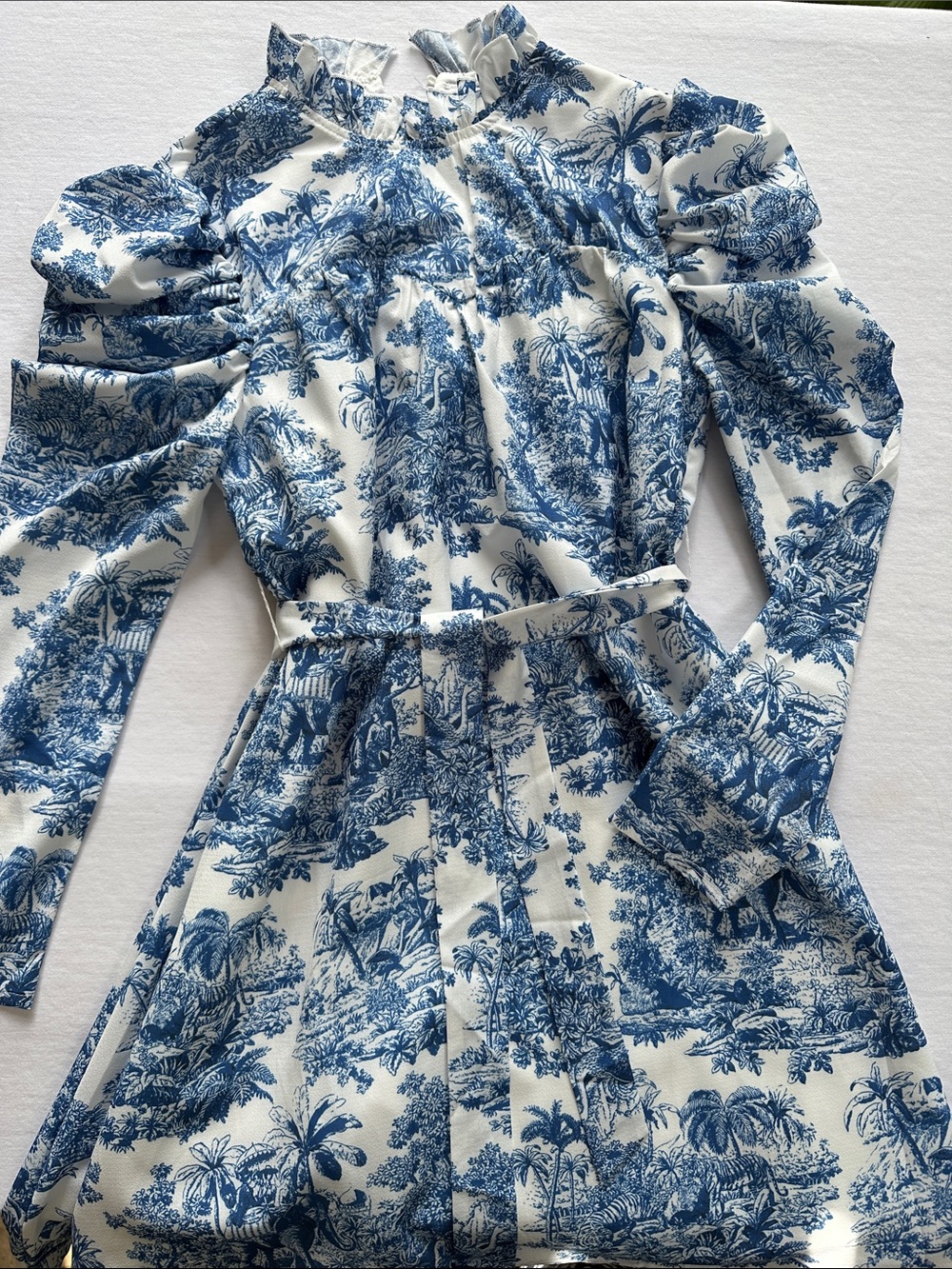 Blue and White Scenic Print Long Sleeve Dress. Shein. Size 11/12 years.